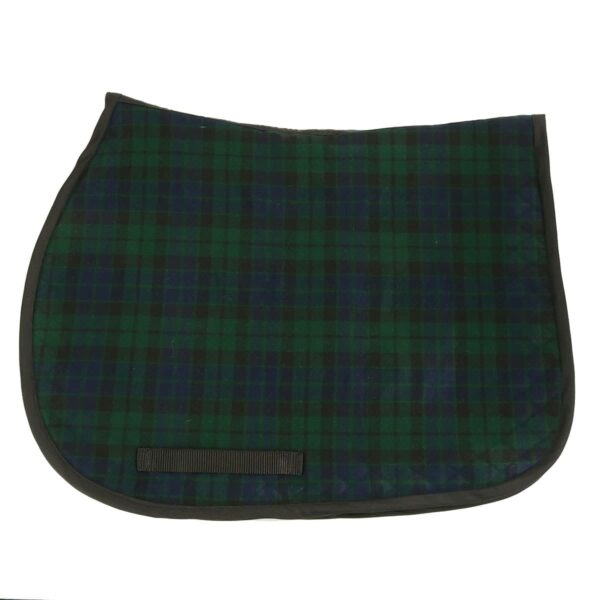 A green and black plaid MacKay Modern English Style Saddle Pad made of homespun wool-blend.