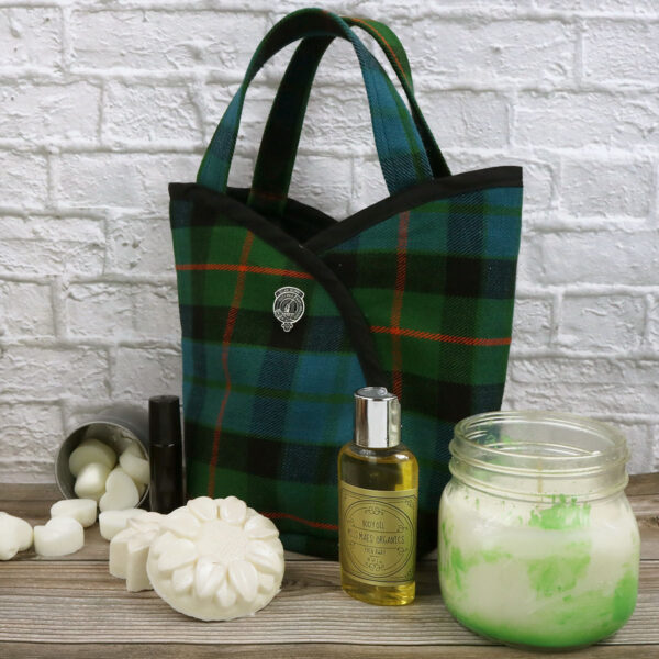 Poly/Viscose Wool-Free Scottish tartan tote bag with candles and soap.