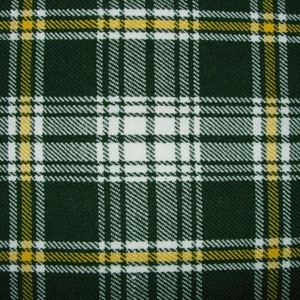 A close up of Irish Tartan Swatches, a green and yellow tartan fabric.
