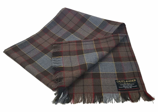 A Tartan Scarf - OUTLANDER Premium Wool - Jamie Fraser Special with fringes on a white background.
