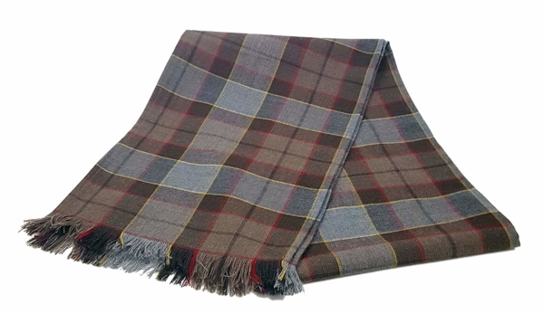 A plaid blanket with fringes on a white background, perfect for those seeking the Tartan Scarf - OUTLANDER Premium Wool - Jamie Fraser Special.