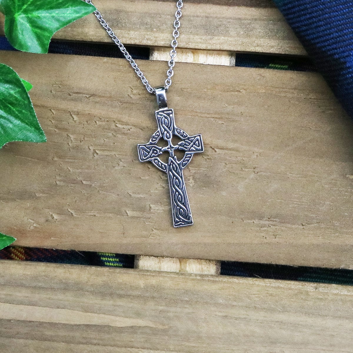 Celtic Wood Cross Pendant Stainless Steel Chain Necklace