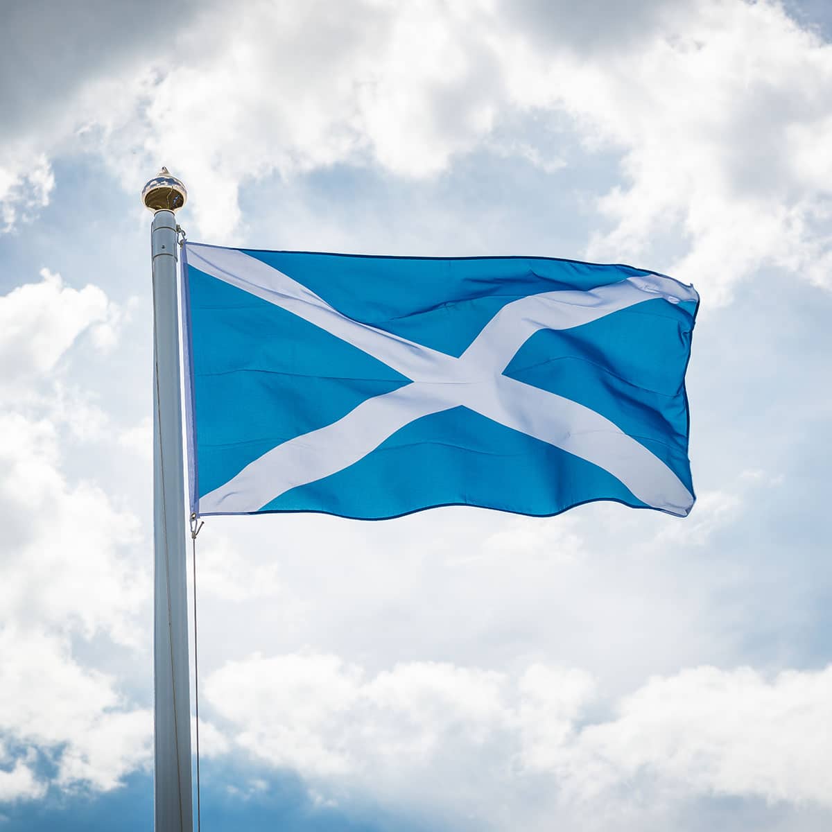 A scottish flag flying in the wind.