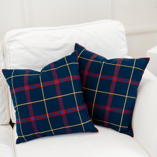 Two plaid pillows on a white couch.