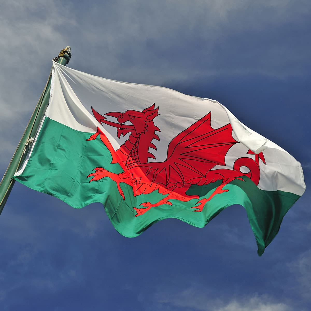 Welsh Dragon Flag flapping in the wind in a blue sky